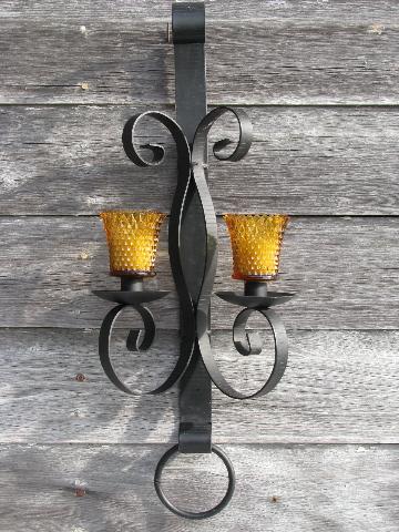 photo of huge vintage wrought iron candle sconces, wall candelabra pair, antique black #2