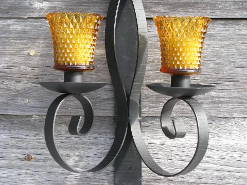 photo of huge vintage wrought iron candle sconces, wall candelabra pair, antique black #4