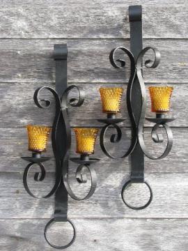 catalog photo of huge vintage wrought iron candle sconces, wall candelabra pair, antique black