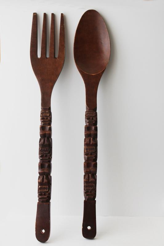 photo of huge wall hanging fork & spoon, vintage carved wood tiki style bar or kitchen decor #1