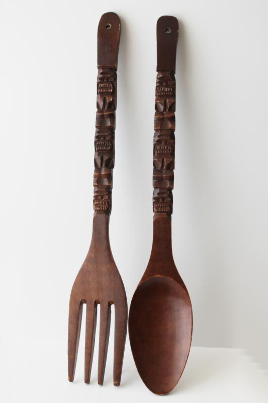 photo of huge wall hanging fork & spoon, vintage carved wood tiki style bar or kitchen decor #2