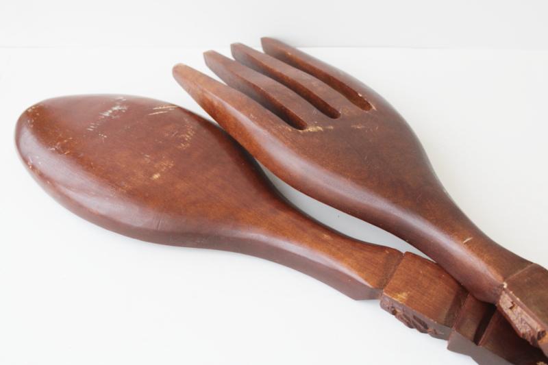 photo of huge wall hanging fork & spoon, vintage carved wood tiki style bar or kitchen decor #4