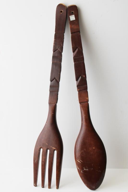 photo of huge wall hanging fork & spoon, vintage carved wood tiki style bar or kitchen decor #5