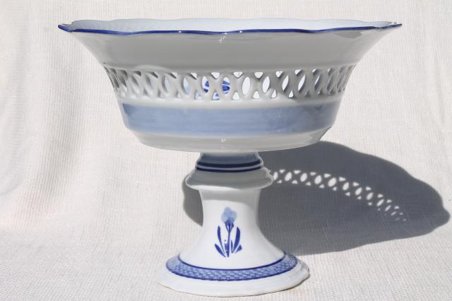 photo of huge white china fruit stand or compote bowl w/ delft style design in blue #1