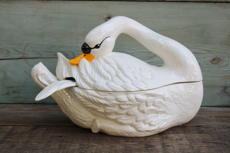 photo of huge white swan ceramic tureen, 1980s vintage hand painted luster glaze handmade ceramic swan  #1