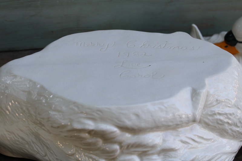 photo of huge white swan ceramic tureen, 1980s vintage hand painted luster glaze handmade ceramic swan  #3