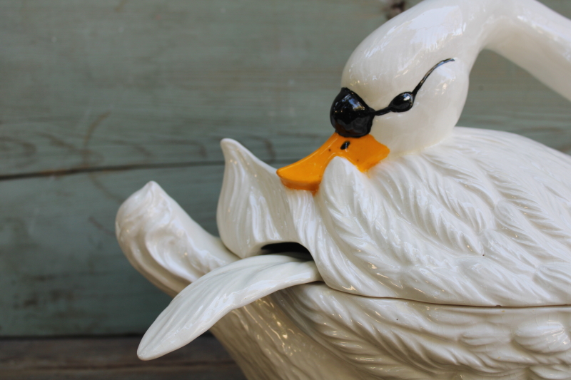 photo of huge white swan ceramic tureen, 1980s vintage hand painted luster glaze handmade ceramic swan  #5