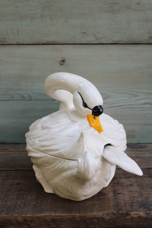 photo of huge white swan ceramic tureen, 1980s vintage hand painted luster glaze handmade ceramic swan  #6