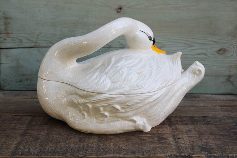 photo of huge white swan ceramic tureen, 1980s vintage hand painted luster glaze handmade ceramic swan  #7