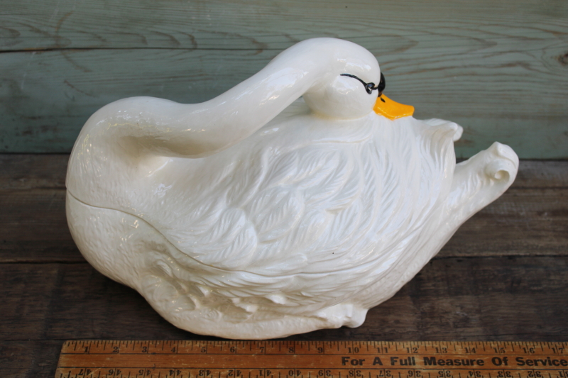 photo of huge white swan ceramic tureen, 1980s vintage hand painted luster glaze handmade ceramic swan  #8
