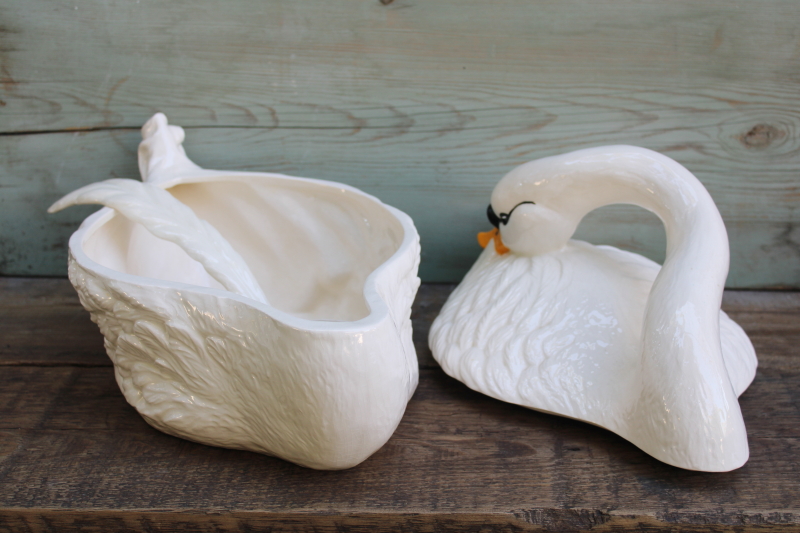 photo of huge white swan ceramic tureen, 1980s vintage hand painted luster glaze handmade ceramic swan  #9
