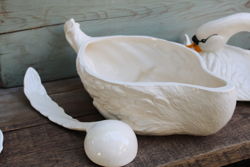 photo of huge white swan ceramic tureen, 1980s vintage hand painted luster glaze handmade ceramic swan  #10