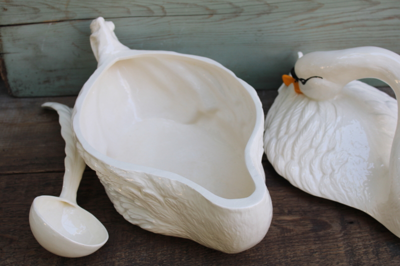 photo of huge white swan ceramic tureen, 1980s vintage hand painted luster glaze handmade ceramic swan  #11