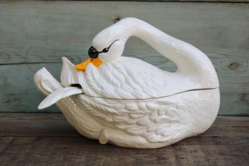 catalog photo of huge white swan ceramic tureen, 1980s vintage hand painted luster glaze handmade ceramic swan 