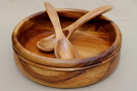 photo of huge wooden bowl & salad servers, mod vintage acacia wood salad set #1