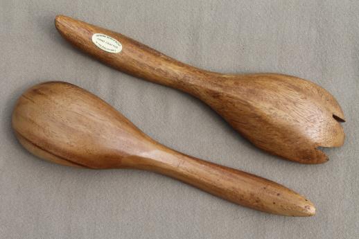 photo of huge wooden bowl & salad servers, mod vintage acacia wood salad set #7