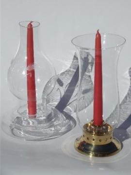 catalog photo of hurricane shade candlesticks, brass and etched wheat glass candle lamps