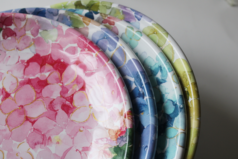photo of hydrangeas floral melamine salad plates set of four different colors, shabby chic style  #2
