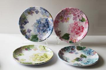 catalog photo of hydrangeas floral melamine salad plates set of four different colors, shabby chic style 