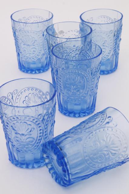 photo of ice blue pressed glass tumblers, embossed pattern glass drinking glasses set of 6 #1