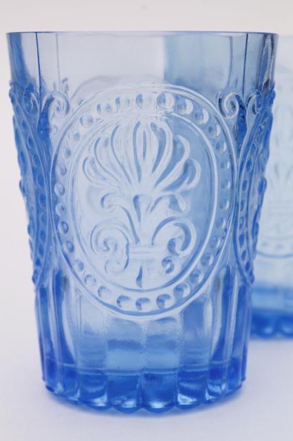 photo of ice blue pressed glass tumblers, embossed pattern glass drinking glasses set of 6 #2
