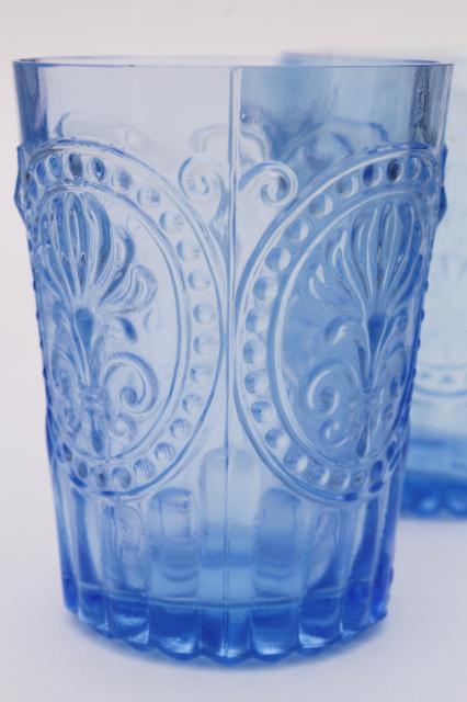 photo of ice blue pressed glass tumblers, embossed pattern glass drinking glasses set of 6 #3