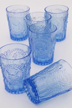 catalog photo of ice blue pressed glass tumblers, embossed pattern glass drinking glasses set of 6