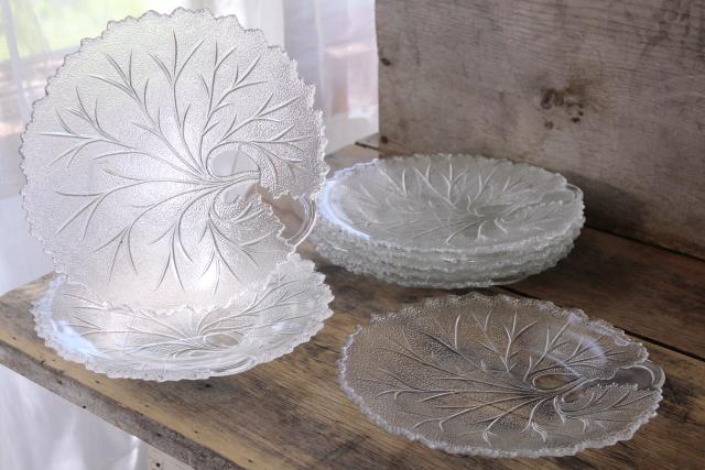 photo of ice textured glass dishes, set of 8 salad plates vintage Indiana glass pebble leaf pattern #1