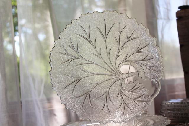 photo of ice textured glass dishes, set of 8 salad plates vintage Indiana glass pebble leaf pattern #2