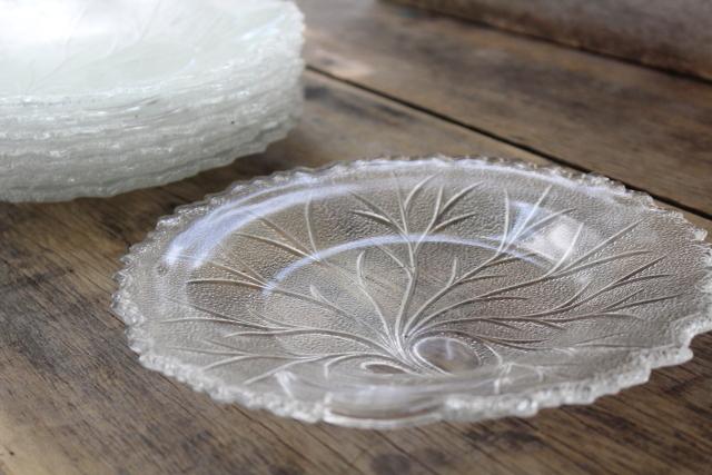 photo of ice textured glass dishes, set of 8 salad plates vintage Indiana glass pebble leaf pattern #3