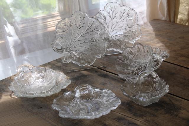 photo of ice textured glass salad plates & bowls, vintage Indiana glass pebble leaf pattern #1