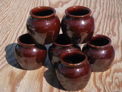 photo of individual bean pots, apple bakers or casseroles, old brown stoneware #1