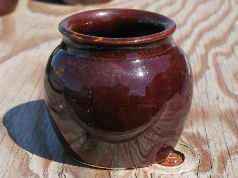 photo of individual bean pots, apple bakers or casseroles, old brown stoneware #2