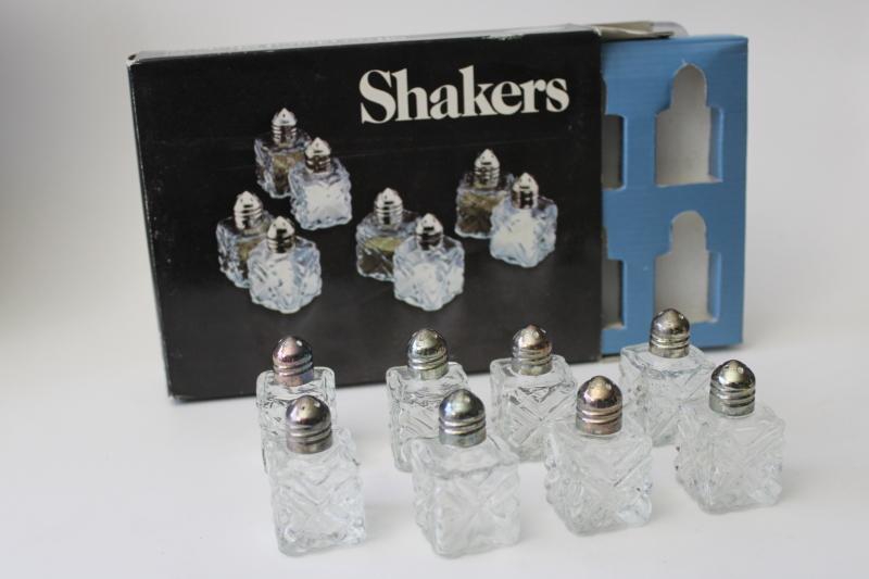 photo of individual mini salt & pepper shakers, four S&P sets glass w/ silver plate lids #1