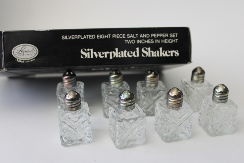 photo of individual mini salt & pepper shakers, four S&P sets glass w/ silver plate lids #3