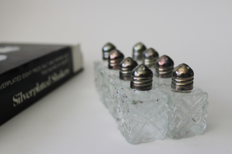 photo of individual mini salt & pepper shakers, four S&P sets glass w/ silver plate lids #5