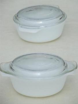 catalog photo of individual oven ware glass casseroles, Anchor Hocking Fire-King milk glass