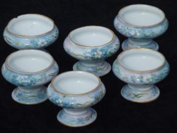 catalog photo of individual salts or sauce dishes set, hand-painted forget me nots china