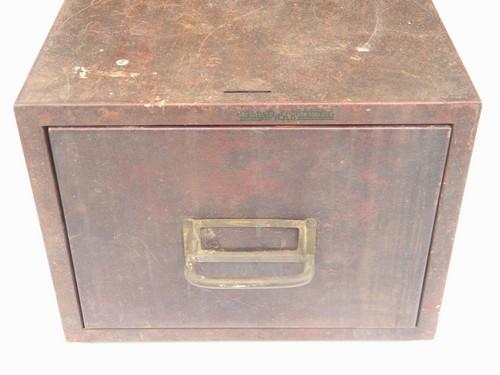 photo of industrial machine age file card catalog, brass pull and wood grained paint #3