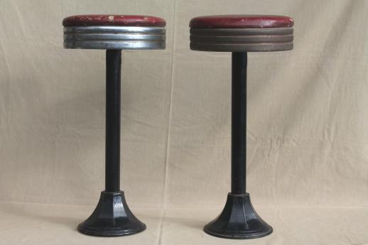 photo of industrial vintage metal stools, antique cast iron bar / counter stools with original seats #1