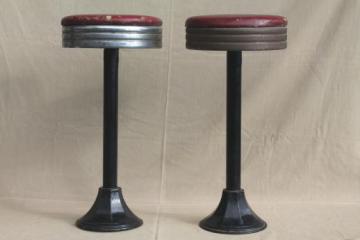 catalog photo of industrial vintage metal stools, antique cast iron bar / counter stools with original seats