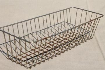 catalog photo of industrial vintage wire basket storage bin, store counter display basket