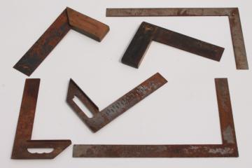 catalog photo of industrial vintage  wood & steel squares, lot of 6 woodworking squares layout tools