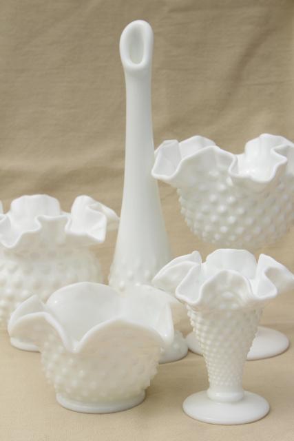 photo of instant collection of flower vases, vintage Fenton hobnail milk glass lot #1