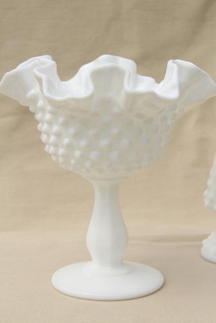 photo of instant collection of flower vases, vintage Fenton hobnail milk glass lot #2