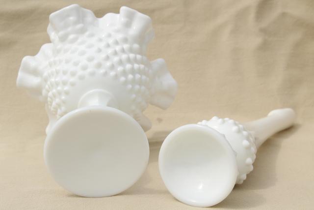 photo of instant collection of flower vases, vintage Fenton hobnail milk glass lot #4