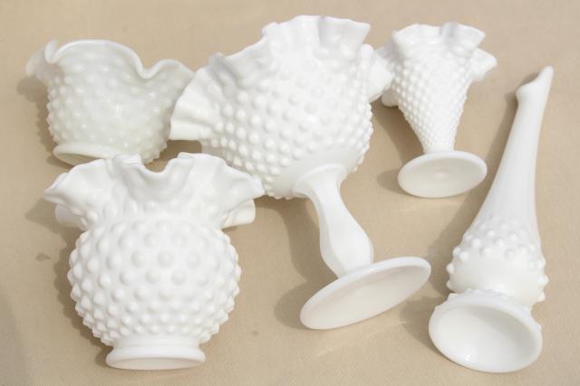 photo of instant collection of flower vases, vintage Fenton hobnail milk glass lot #5