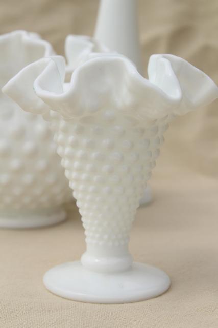 photo of instant collection of flower vases, vintage Fenton hobnail milk glass lot #6