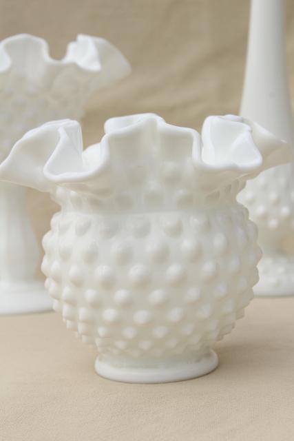 photo of instant collection of flower vases, vintage Fenton hobnail milk glass lot #10