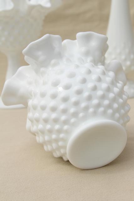 photo of instant collection of flower vases, vintage Fenton hobnail milk glass lot #11